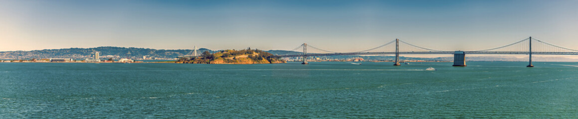 A panorama view across the bay from the cruise terminal in San Francisco in early springtime