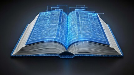 Fototapeta premium Open book with glowing digital data streams futuristic knowledge concept.