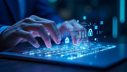 Hands typing on a virtual keyboard with cybersecurity icons