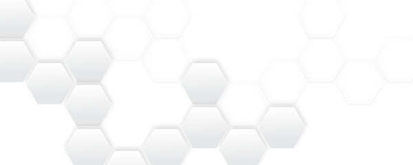 White and gray hexagon abstract technology background. Tech or science concept seamless bright honeycomb banner design. 