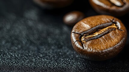 Dramatic Close-up of Roasted Coffee Granules on Glossy Black Surface with Copy Space