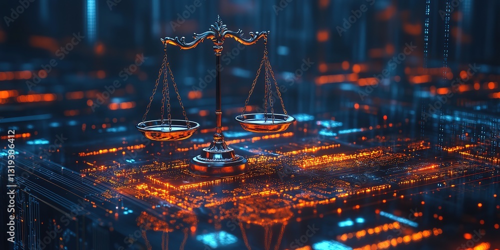 Poster law scales on background of data center. digital law concept of duality of judiciary, jurisprudence 