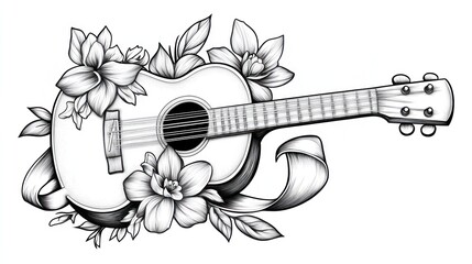Ukulele with flowers, ribbon, isolated, white background, music design