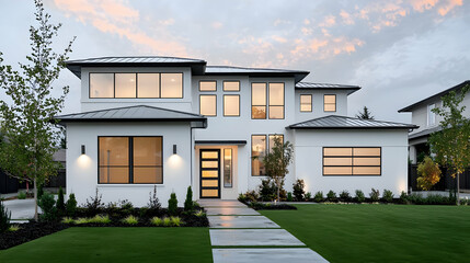 Modern White Two Story House Exterior At Dusk With Illuminated Windows Landscaped Front Yard And Green Grass Illuminated Pathway