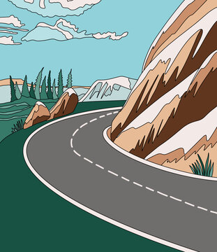 Mountain and Empty Road with Snow on Mountains and Vibrant Blue Sky Background. Travel in Nature Landscape Illustration with Pine Trees and Clouds