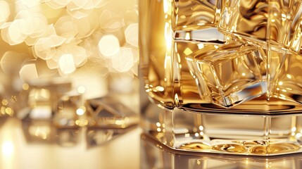 Close-Up of Whiskey Glass with Ice and Golden Bokeh