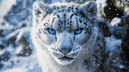This wild feline portrait captures the head of a white snow leopard, a big and endangered cat of nature