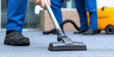 Male professional cleaner vacuuming carpet in office during busy hours to maintain a clean work environment