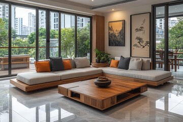 Fototapeta premium Modern living room with large windows neutral tones and natural wood furniture for a sleek contemporary aesthetic