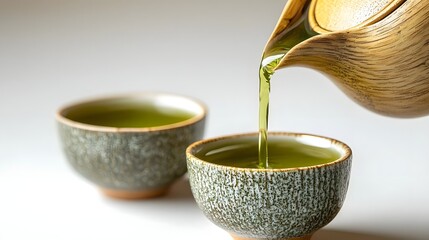 Vibrant Green Tea Pouring from Bamboo Teapot into Handmade Ceramic Cup on Minimalist White Background