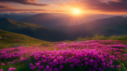 Obraz premium Golden Sunburst Over Misty Peaks and Blooming Valley 