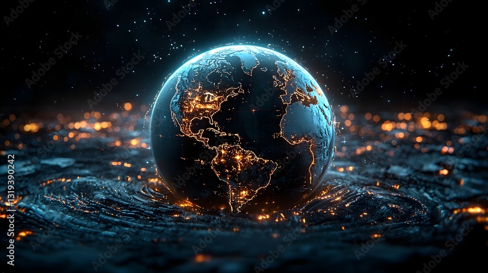 Aufkleber tangled shipping routes and global trade network visualized on a holographic 3d world globe represen