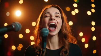 A stunning female vocalist passionately singing into the microphone, engaging the audience with her captivating performance, reflecting artistry and musical talent at its finest.