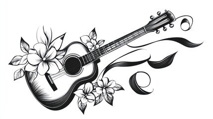 Obraz premium Acoustic guitar with flowers, elegant design, white background, music illustration