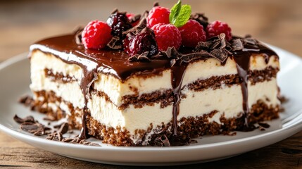 A rich and lush chocolate dessert with creamy layers and topped with whipped cream, appealing to anyone with a sweet tooth looking for indulgence.