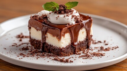 A satisfying square chocolate cake layered with a smooth cream filling, topped with delightful chocolate shavings and garnished with a hint of mint for a perfect treat.