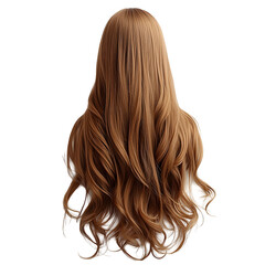 Closeup portrait of woman with long wavy red-brown wig on clean white background