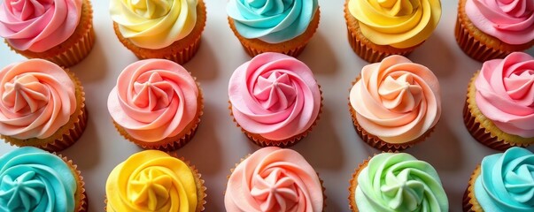 Minimalistic flat lay of delicious cupcakes in rainbow colors, colorful, tasty, baked goods