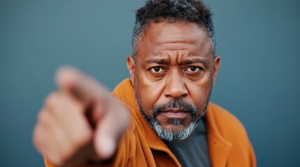 An intense image of a man pointing sternly, encapsulating emotion and authority, projecting confidence and determination through his facial expression and body language.