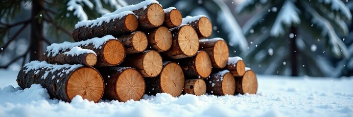 Pile of chopped firewood logs against a snowy backdrop, stack, pile, snow
