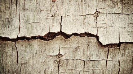 Obraz premium The rough wooden surface showcases a network of cracks and crevices, filled with earthy tones and textures. Sunlight gently highlights the details, evoking a sense of history and resilience