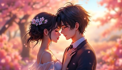 Romantic Anime Couple in Blossom Tree Setting