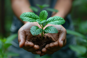 Hands holding young mint plant with soil in garden. Close up of gardener nurturing fresh herb seedling with textured green leaves. Sustainable agriculture, organic farming, environmental stewardship