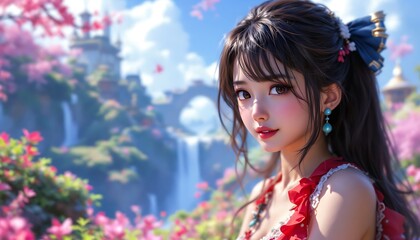 Beautiful Anime Girl in Red Dress Fantasy Landscape Wallpaper