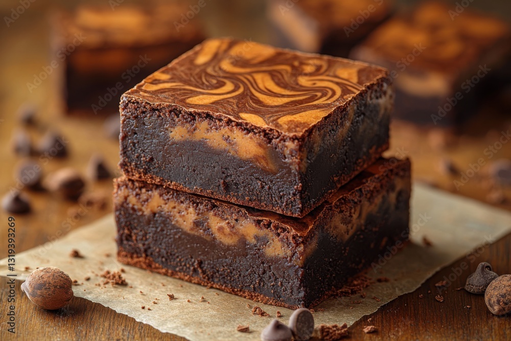 Poster decadent brownies stacked on parchment paper with chocolate chips and cocoa dusted truffles scattere