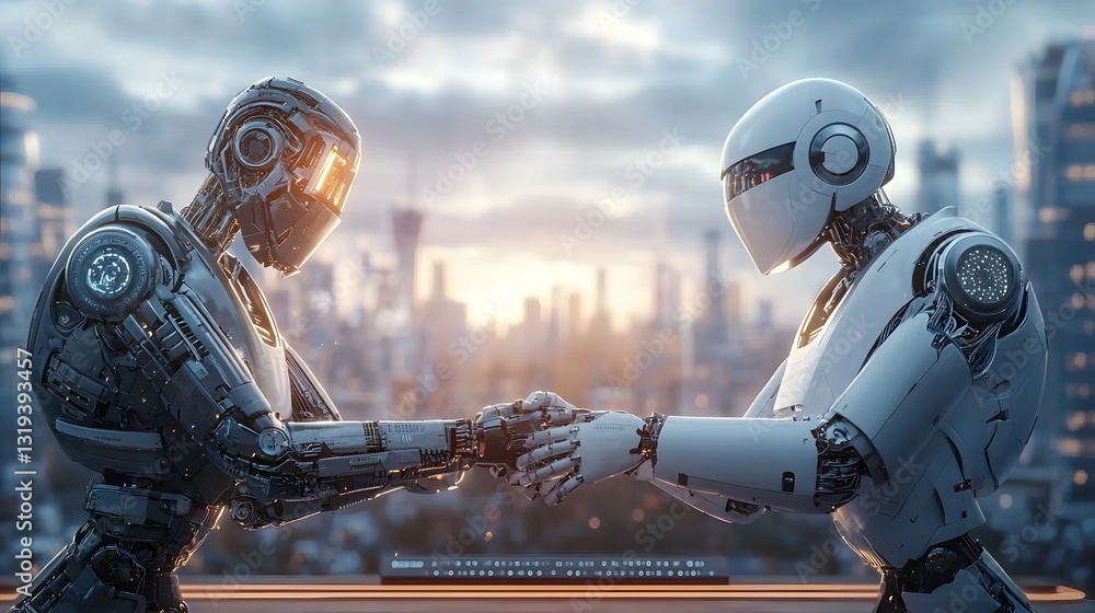 Poster futuristic 3d depicting robotic diplomats engaged in trade negotiations exchanging tariff documents 