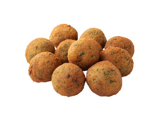 Fototapeta premium Close-up of five crispy fried falafel balls, isolated on a white background.