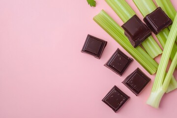 Flat lay of dark chocolate and celery on pastel background