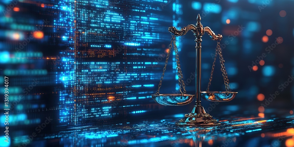 Poster law scales on background of data center. digital law concept of duality of judiciary, jurisprudence 