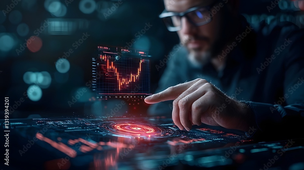 Aufkleber holographic charts clashing in a futuristic high tech financial arena representing the intense compe