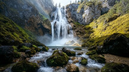 Obraz premium Majestic cascading waterfall amidst mossy rocks nature scene stunning landscape serene environment wide angle view