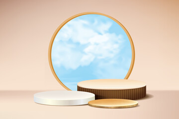 Set of Podium with a circular window overlooking the clouds floating in the sky. Wood podium.