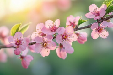 Obraz premium Cherry blossoms bloom in soft sunlight on a tranquil spring day