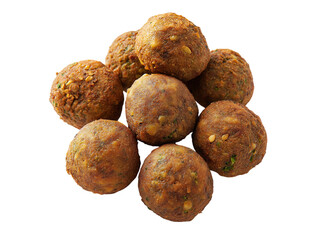 Close-up of five crispy fried falafel balls, isolated on a white background.