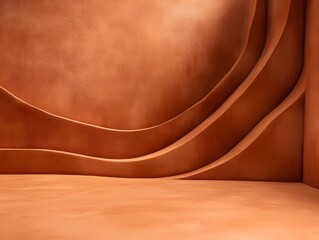 Earthy Studio with Wavy Design: A minimalist studio with a warm, inviting atmosphere. The smooth, curved lines on the walls create a sense of flow and elegance.