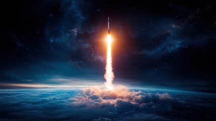 A powerful rocket is launching through fluffy clouds, aiming towards the vast cosmos, symbolizing human ambition and the relentless pursuit of discovery beyond Earth.