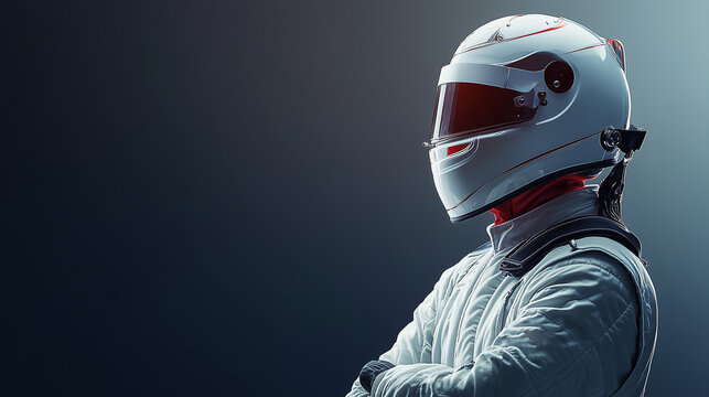 racing driver wearing white helmet and white racing suits, standing in a black background, racer concept championship
