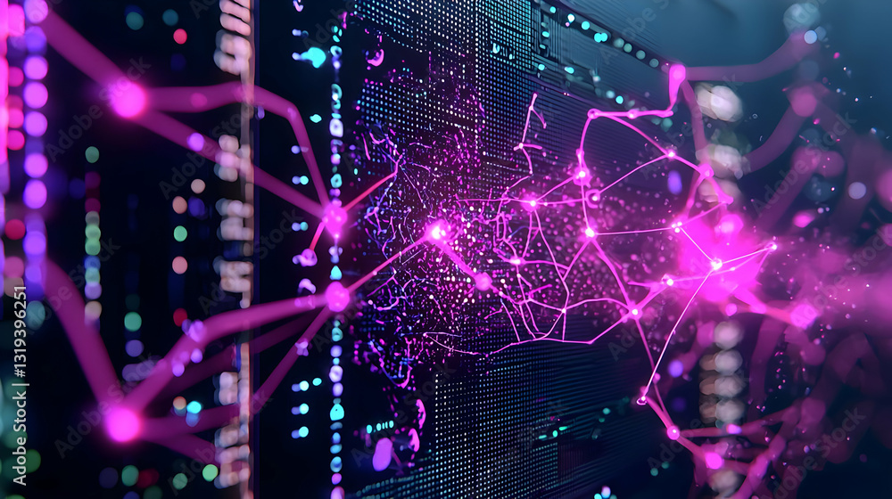 Poster abstract digital network with glowing purple lines and dots on a blue circuit board background