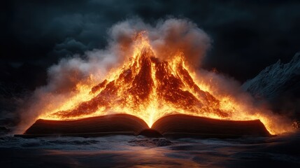 An open book with a powerful eruption of flames rising from its pages, creating an intense visual that represents the explosive power of imagination and creativity in storytelling.