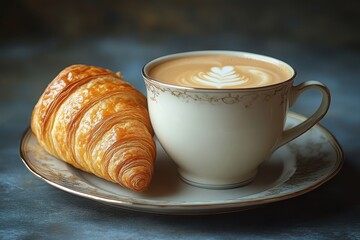 Croissant and coffee: A classic breakfast pairing perfect for a morning treat beautifully plated on a textured surface