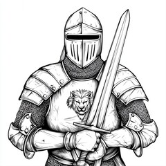 Fototapeta premium Medieval Knight in Full Armor Holding a Sword, Lion Emblem on Chest, Black and White Line Art Illustration