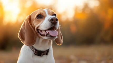 A charming beagle dog gives a bright smile against the backdrop of a warm sunset, beautifully reflecting the cherished bond between pets and their owners.