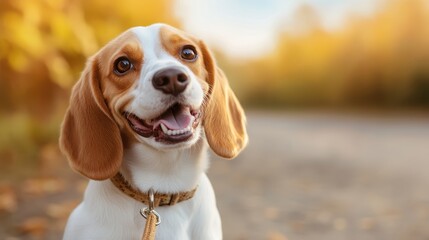 An adorable beagle dog poses with a joyful expression amidst a beautiful autumn backdrop, capturing the warmth and happiness of a delightful fall day.