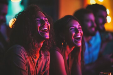 A group of friends laughing at a comedy club