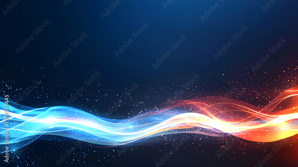 Poster abstract blue and orange energy waves with sparkling particle effect on dark background