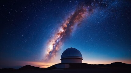 The dome of an astronomical observatory stands proudly under a vibrant night sky filled with stars and the stunning Milky Way, representing humanity's quest for knowledge and discovery.